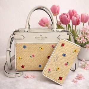 Kate Spade Straw Staci Garden Satchel & Continental Wallet 2 Piece Set